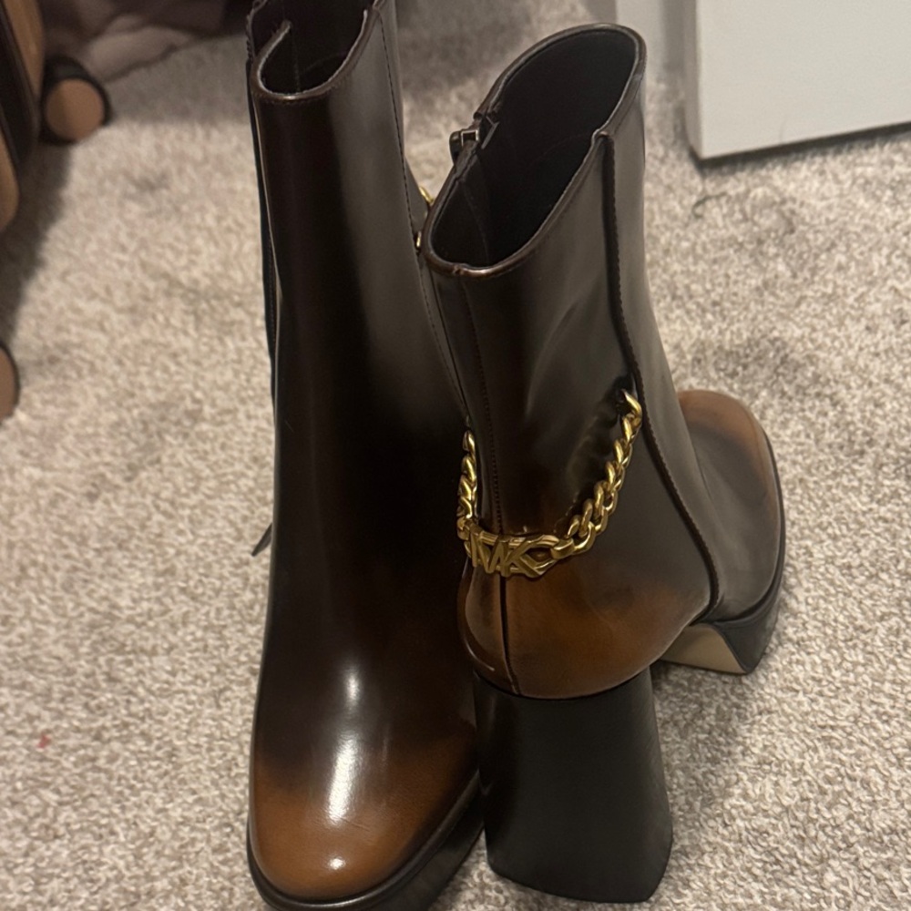 MICHAEL Michael Kors Dark Brown Heeled Boots with Gold Chain